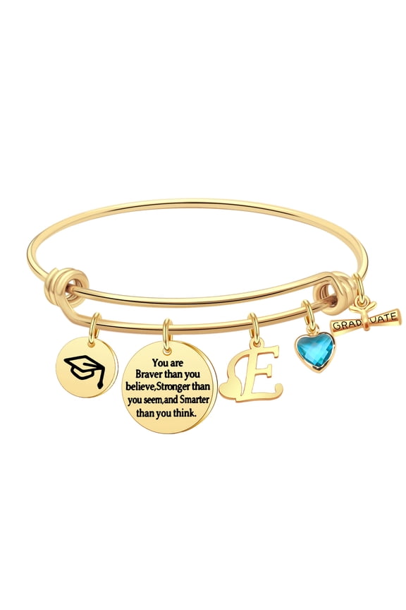 Graduation Gifts Charm Bracelets, 26 Initial Engraved Inspirational Bracelets Quote You Are Braver Than You Believe Stronger Bracelet College Graduation Gifts for Him Her (E)