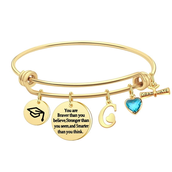 SUONIE Graduation Gifts Charm Bracelets, 26 Initial Engraved Inspirational Bracelets Quote You Are Braver Than You Believe Stronger Bracelet College Graduation Gifts for Him Her (C)