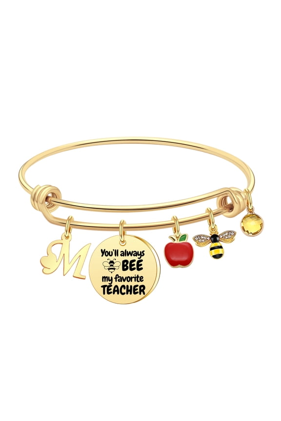Teacher Appreciation Gifts for Women Teacher Initial Bracelet Bangle Gift, You'll Always Bee my Favorite Teacher Graduation Thank You Teacher End of Year Gifts (M)