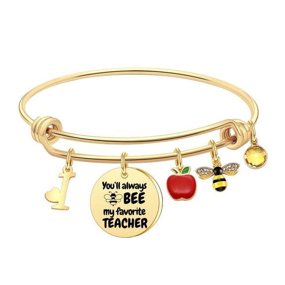 SUONIE Teacher Appreciation Gifts for Women Teacher Initial Bracelet Bangle Gift, You'll Always Bee my Favorite Teacher Graduation Thank You Teacher End of Year Gifts (I)