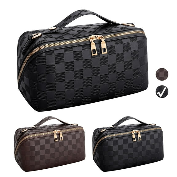 SUOSDEY 2 in 1 Crossbody Makeup Bag,Travel Luxury Leather Cosmetic Bag Organizer Set(Black,Checkerboard pattern)