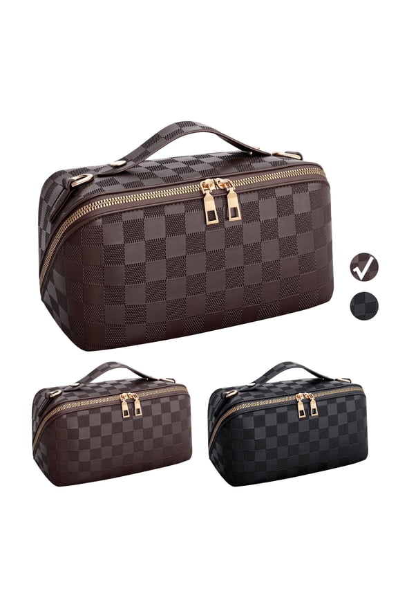 2 in 1 Crossbody Makeup Bag,Travel Luxury Leather Cosmetic Bag Organizer Set(Black,Checkerboard pattern)