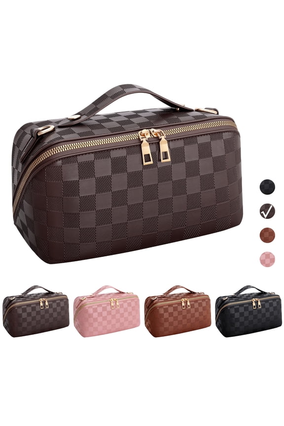2 in 1 Crossbody Makeup Bag,Travel Luxury Leather Cosmetic Bag Organizer Set(Black,Checkerboard pattern)