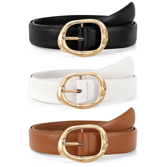 SUOSDEY 3 Pack Women Belts for Jeans Pants Ladies Leather Waist Belt with Liquid Shapes Gold Buckle