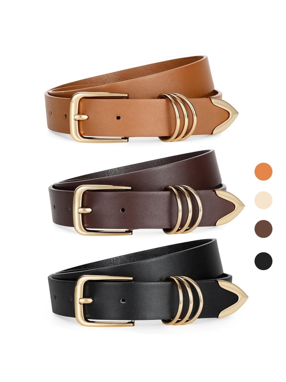3 Pack Women's Leather Belts for Jeans Dress Pants Fashion Ladies Leather Belts with Gold Buckle
