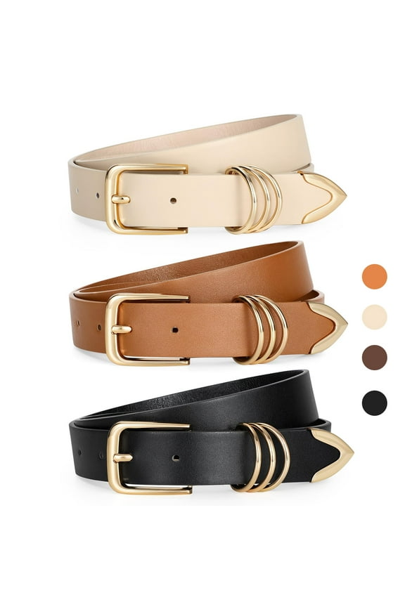 3 Pack Women's Leather Belts for Jeans Dress Pants Fashion Ladies Leather Belts with Gold Buckle