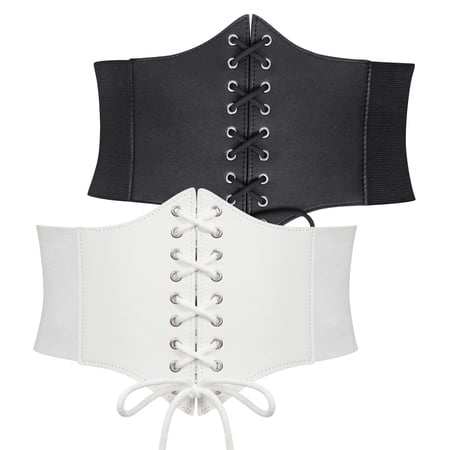 SUOSDEY Black Corset Belt for Women, Vintage Lace-up Elastic Waist Belt, Tied Waspie Wide Belt for Dresses