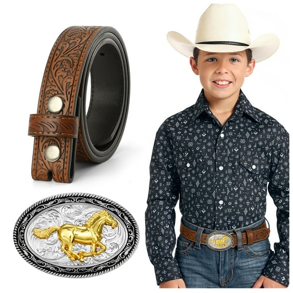 SUOSDEY Boys Western Leather Belts for Girls,Kids Embossed Belts for Jeans Christmas Gifts