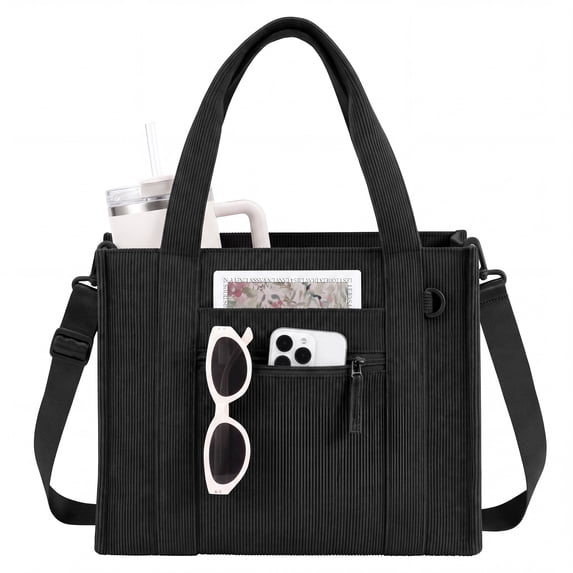 SUOSDEY Corduroy Tote Bag with Laptop Compartment&Cup Holder,Multipocket Work Tote for College,Teacher,Travel Crossbody Handbag