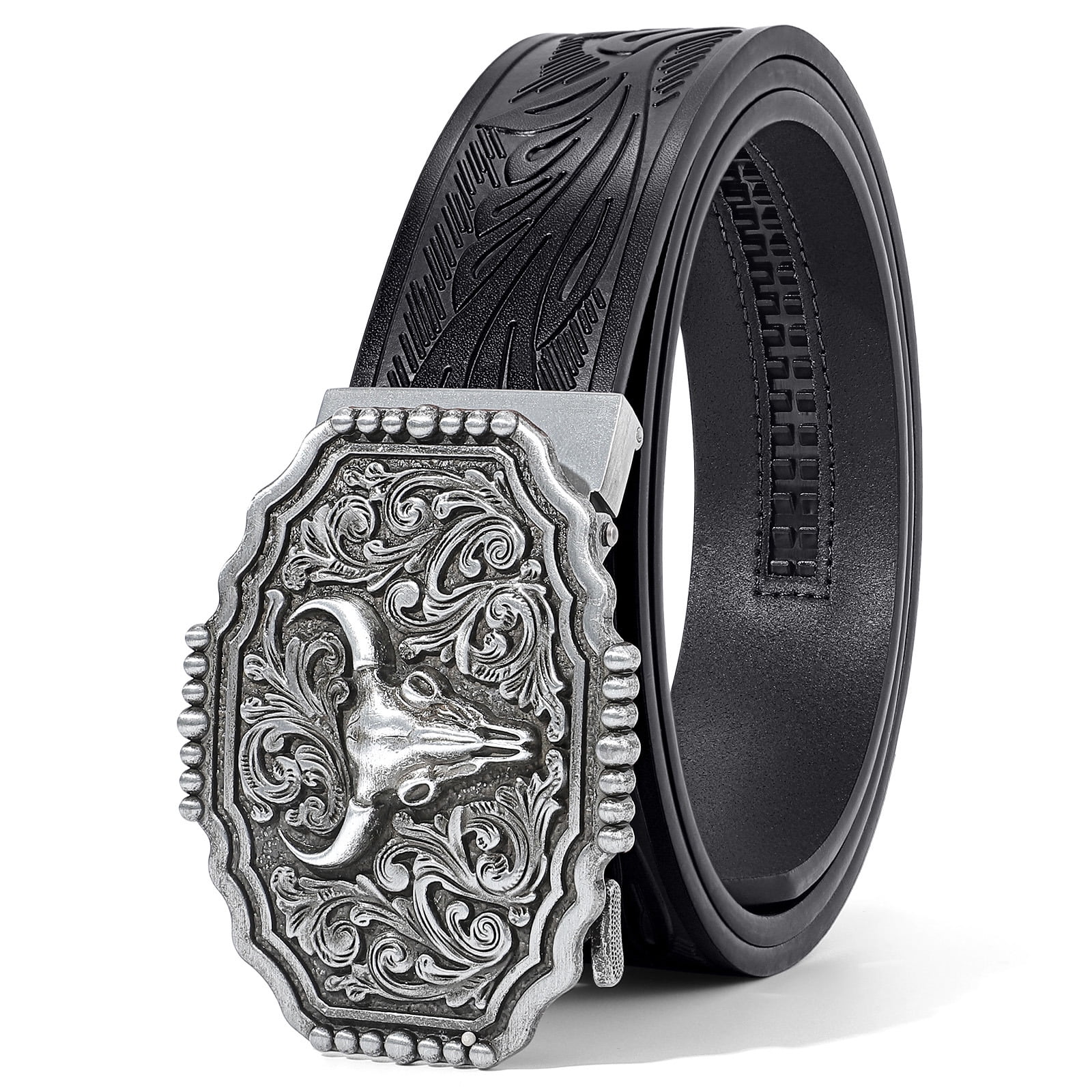 Western Cowboy Ratchet Belt - Leather Embossed Belt with Buckle RGWYGCG Belt Men Ratchet, Western Cowboy Belts for Men  main image 2