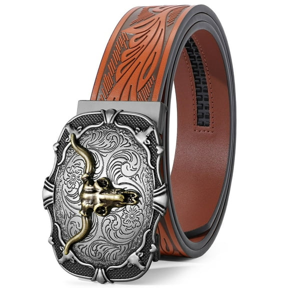 SUOSDEY Cowboy Ratchet Belt Western Leather Belts for Men with Automatic Cowboy Buckle