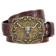 Cowboy Western Belts for Men Women Floral Engraved Belt for Jeans Christmas Coffee Cowgirl Belt(Bull Buckle)