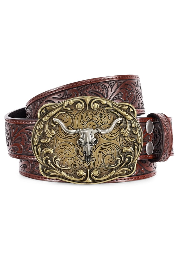 Cowboy Western Belts for Men Women Floral Engraved Belt for Jeans Christmas Coffee Cowgirl Belt(Bull Buckle)