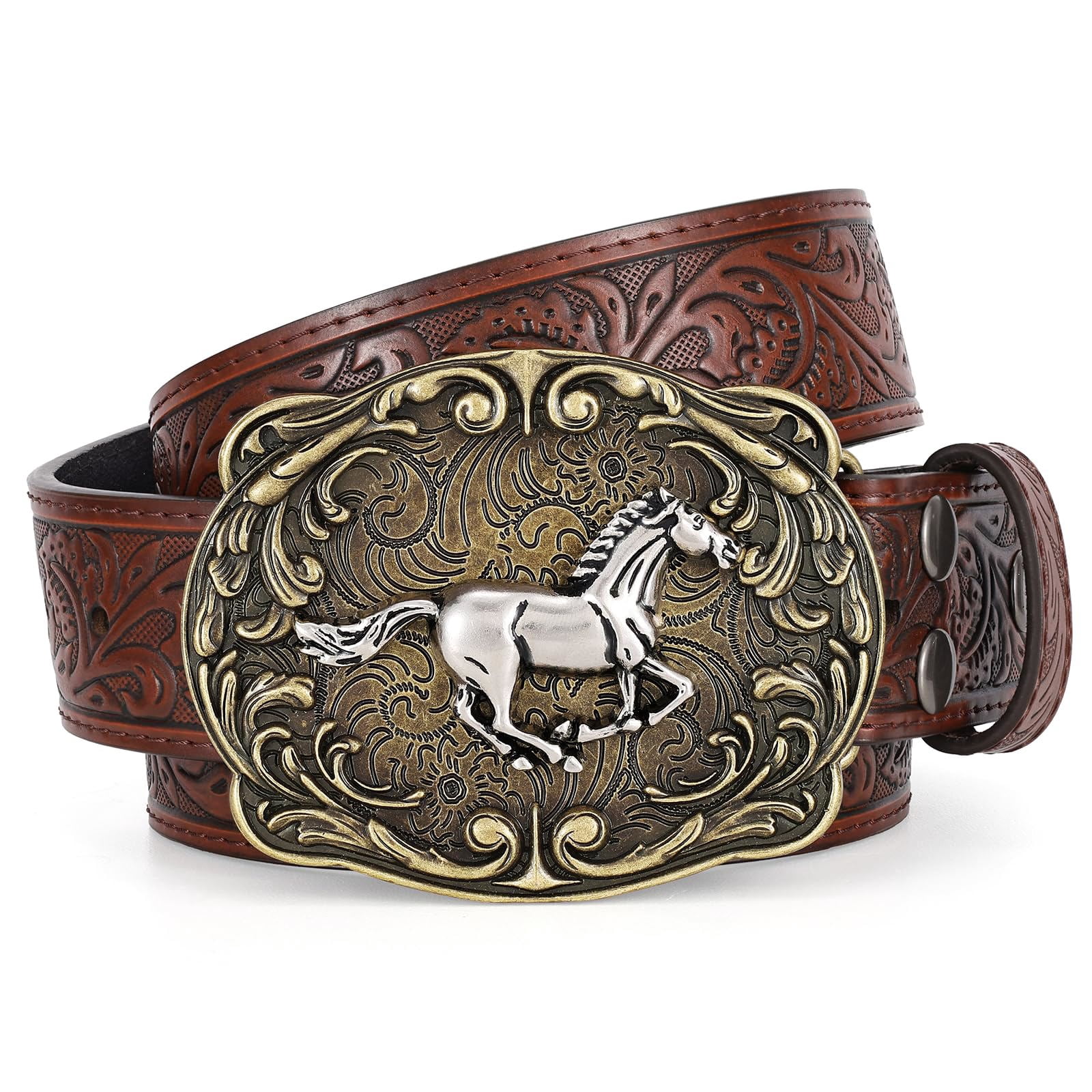 Western Belt with Floral Embossed Buckle for Jeans Western PU-Leather Cowboy Buckle Belt for Men and Women  main image 3