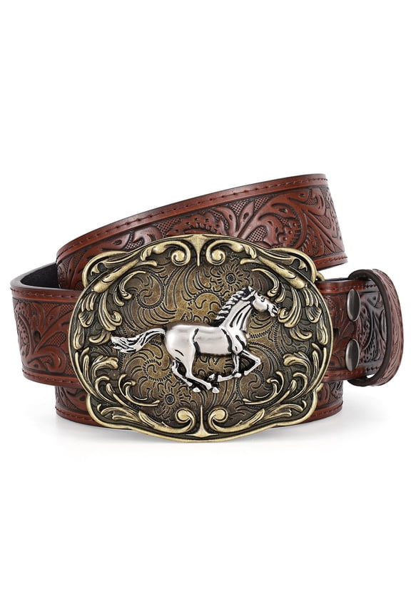 Cowboy Western Belts for Men Women Floral Engraved Belt for Jeans Christmas Coffee Cowgirl Belt (Horse Buckle)