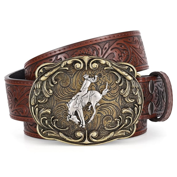SUOSDEY Cowboy Western Belts for Men Women Floral Engraved Belt for Jeans Christmas Coffee Cowgirl Belt(Silver Rider)
