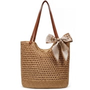 Crochet Beach Bag for Women with Zipper,Summer Straw Beach Tote Bag Woven Boho Shoulder Bag for Vacation