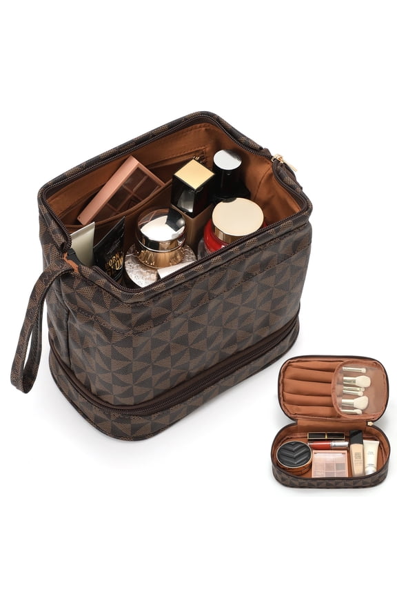 Double Layer Makeup Bag Checkered Cosmetic Travel Bag for Women Men Organizers with Handle