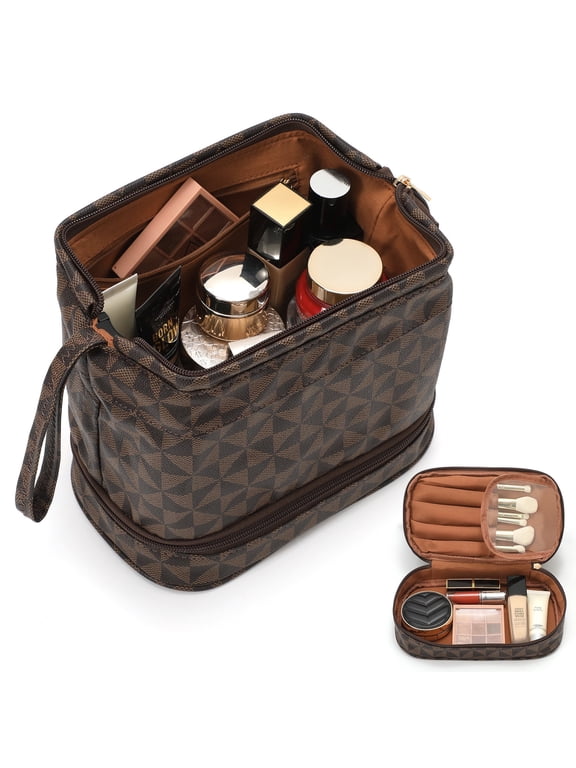 Double Layer Makeup Bag Checkered Cosmetic Travel Bag for Women Men Organizers with Handle