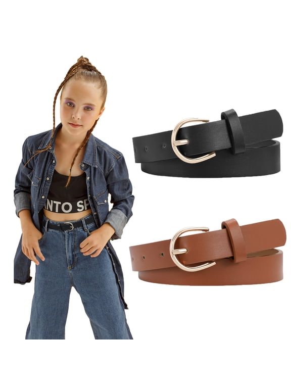 Girls Leather Belts,Kids Skinny Belt for School Uniforms Gift 2Pack