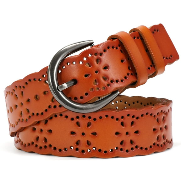 SUOSDEY Hollow Flower Leather Belt for Women Brown Belt for Jeans Dresses Pants with Gift Box