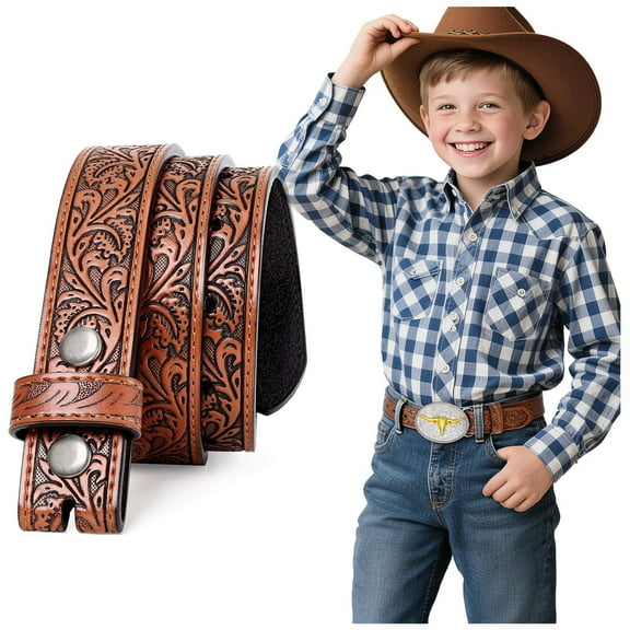 SUOSDEY Kid Western Leather Belts Strap for Boys Girls,Toddler Youth Engraved Embossed Belt Strap without Buckle