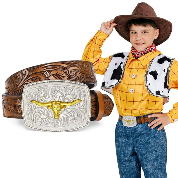 SUOSDEY Kid Western Leather Belts for Boys Girls,Toddler Youth Longhorn Bull Buckle Belt for Jeans Christmas Gifts