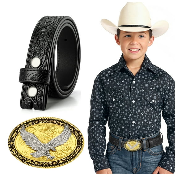 SUOSDEY Kid Western Leather Belts for Cowboy Cowgirl,Boys Girls Embossed Black Belt for Jeans Pant Dresses Birthday Christmas Gifts