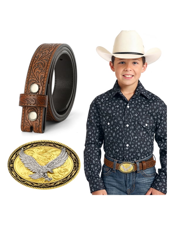 Kid Western Leather Belts for Cowboy Cowgirl,Boys Girls Embossed Black Belt for Jeans Pant Dresses Birthday Christmas Gifts
