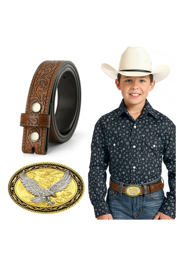 Kid Western Leather Belts for Cowboy Cowgirl,Boys Girls Embossed Black Belt for Jeans Pant Dresses Birthday Christmas Gifts