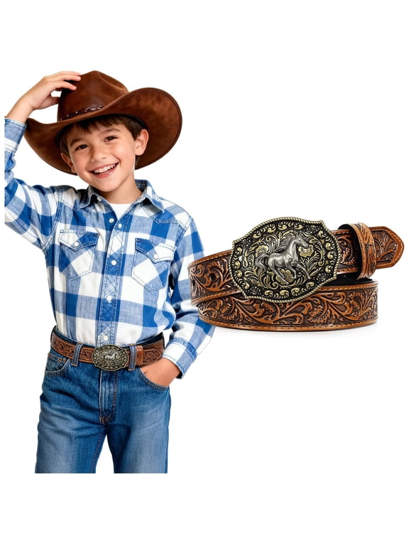 Kids Western Belt for Boys Girls Genuine Leather Cowboy Cowgirl Belts with Detachable Buckle for Jeans Western Gifts