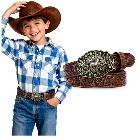 SUOSDEY Kids Western Belt for Boys Girls Genuine Leather Cowboy Cowgirl Belts with Detachable Buckle for Jeans Western Gifts