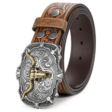 Nelida's Southern Imports 1 3/4 Inch Wide Western Leather Belt - Cowboy Rodeo Casual With Floral Pattern & Horse Hair Accents, Men's