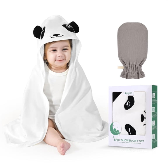 SUOSDEY Newborn Bath Towel with Hooded,Absorbent Baby Robe Body Wrap Towel And Glove Set Perfect Shower Gifts for Boys and Girls,28"x28"Inch(Panda)