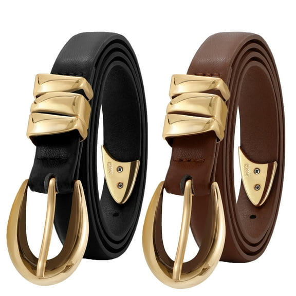 SUOSDEY Plus Size Ladies Leather Belt Women's Skinny Belts for Jeans Dress with Gold Buckle and Metal Loops