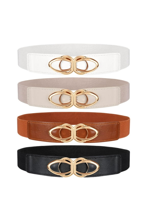 Set of 4 Elastic Belts for Women Skinny Fashion Belt for Dress with Gold Buckle