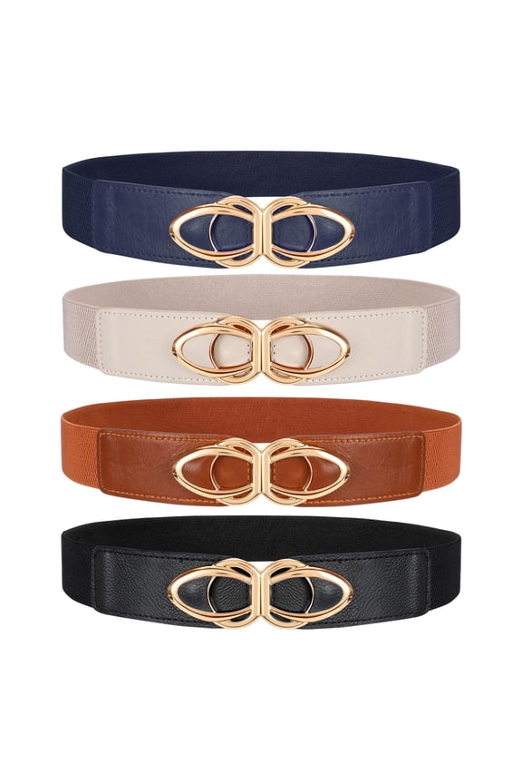 Set of 4 Elastic Belts for Women Skinny Fashion Belt for Dress with Gold Buckle