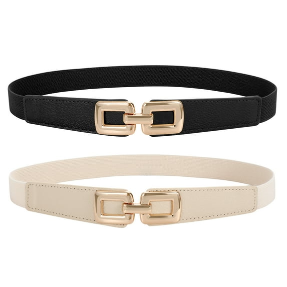 SUOSDEY Skinny Elastic Belts for Women Thin Stretch Belt Dress Belt 2 Pack,Black+Beige