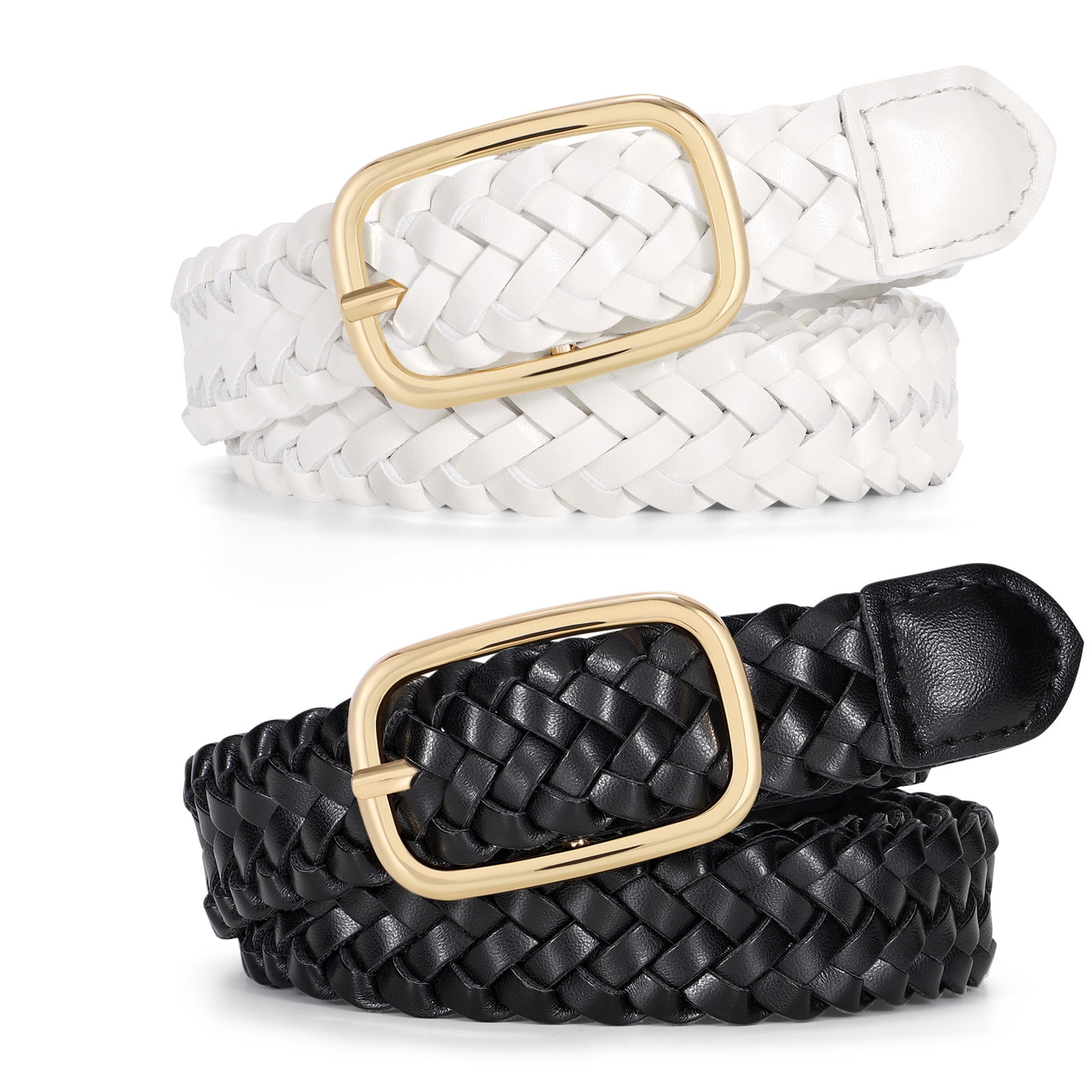 SUOSDEY Skinny Women's Braided Leather Belts 2pack Thin Woven Belt for