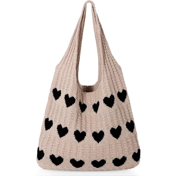 SUOSDEY Summer Beach Tote Bag for Women with Heart Knit,Hollow Crochet Shoulder Bag Aesthetic Boho Hobo Bag