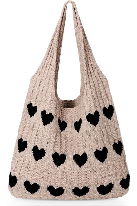 Summer Beach Tote Bag for Women with Heart Knit,Hollow Crochet Shoulder Bag Aesthetic Boho Hobo Bag