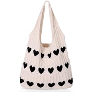 Summer Beach Tote Bag for Women with Heart Knit,Hollow Crochet Shoulder Bag Aesthetic Boho Hobo Bag