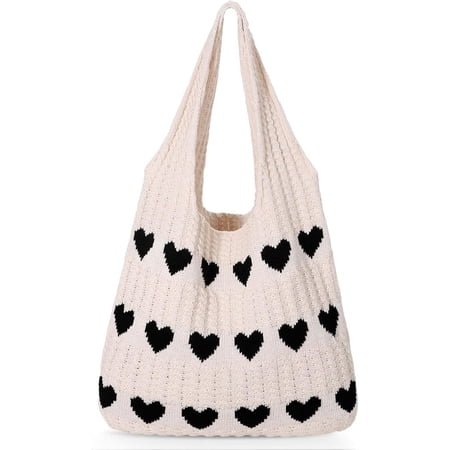 SUOSDEY Summer Beach Tote Bag for Women with Heart Knit,Hollow Crochet Shoulder Bag Aesthetic Boho Hobo Bag