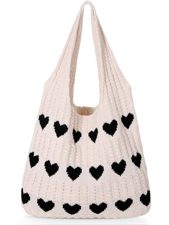 Summer Beach Tote Bag for Women with Heart Knit,Hollow Crochet Shoulder Bag Aesthetic Boho Hobo Bag