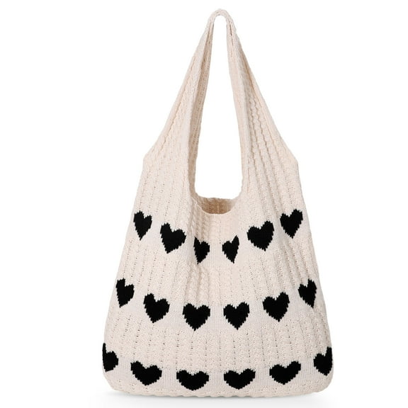 SUOSDEY Summer Beach Tote Bag for Women with Heart Knit,Hollow Crochet Shoulder Bag Aesthetic Boho Hobo Bag
