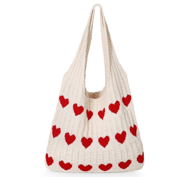 SUOSDEY Summer Beach Tote Bag for Women with Heart Knit,Hollow Crochet Shoulder Bag Aesthetic Boho Hobo Bag