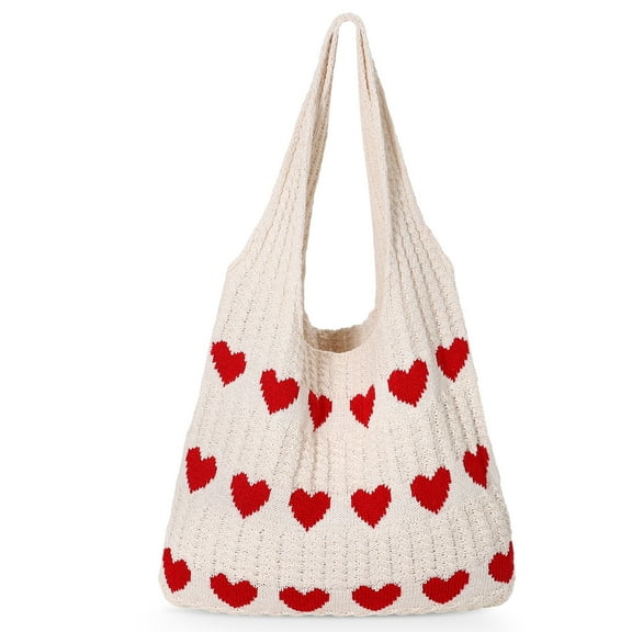 SUOSDEY Summer Beach Tote Bag for Women with Heart Knit,Hollow Crochet Shoulder Bag Aesthetic Boho Hobo Bag