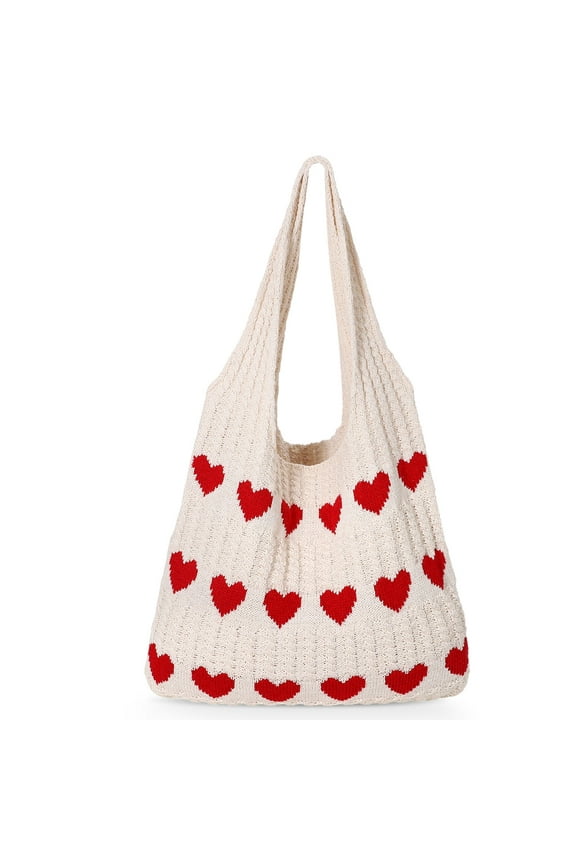 Summer Beach Tote Bag for Women with Heart Knit,Hollow Crochet Shoulder Bag Aesthetic Boho Hobo Bag