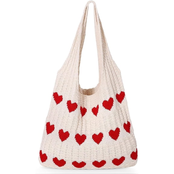 SUOSDEY Summer Beach Tote Bag for Women with Heart Knit,Hollow Crochet Shoulder Bag Aesthetic Boho Hobo Bag