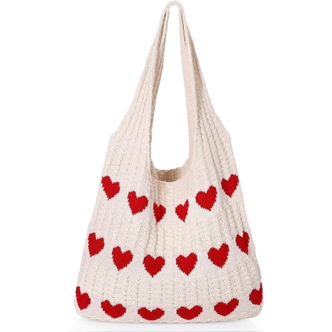 Summer Beach Tote Bag for Women with Heart Knit,Hollow Crochet Shoulder Bag Aesthetic Boho Hobo Bag